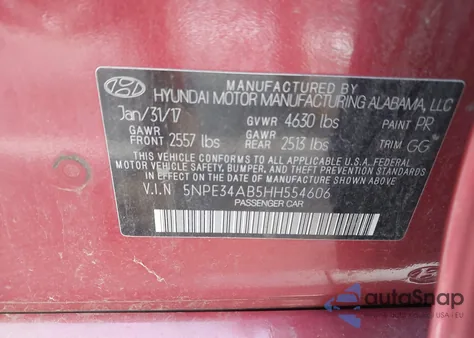 2017 Hyundai Sonata Sport 2.0T from USA, damaged, VIN 5NPE34AB5HH554606
